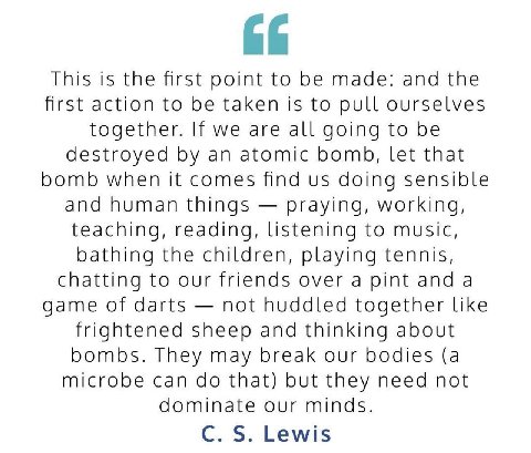This is the first point to be made: and the first action to be taken is to pull ourselves together. If we are all going to be destroyed an atomic bomb, let that bomb when it comes find doing sensible 