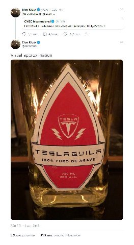 Elon Musk @elonmusk Teslaquila coming soon CNBC International @СМВС! Elon Musk's Tesla seeks to trademark ‘Teslaquila’ bit.ly/2PwZaJG 1,1 4,5 тыс 28,5 тыс. Elon Musk О elo Visual approximation 100% PU
