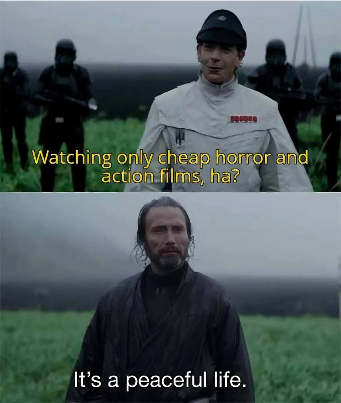 Watching only cheap horror and action films, It’s a peaceful life.