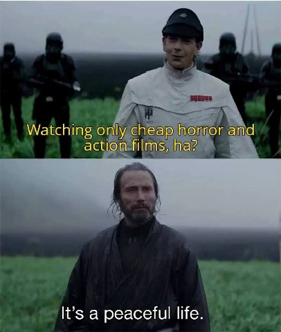 Watching only cheap horror and action films, It’s a peaceful life.