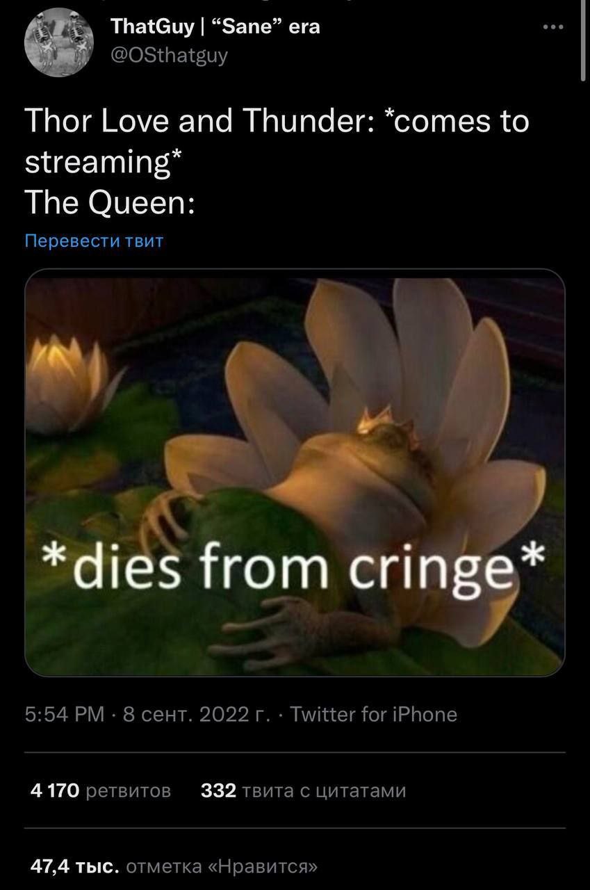 ThatGuy “Sane” era @OSthatguy Thor Love and Thunder: *comes to streaming* The Queen: Перевести TBUT from cri 5:54 8 сент. 2022 Twitter for iPhone 4170 ретвитов 332 твита с цитатами 47,4 тыс. отметка «