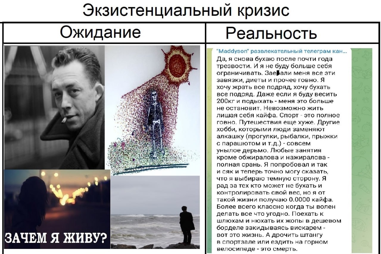 Экзистенциальный кризи зистенциа ризис Ожидание Реальность "Maddyson" развлекательный телеграм кан... Да, я снова бухаю после почти года трезвости. И я не буду больше себя ограничивать. Заевали меня в