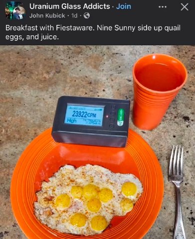 Uranium Glass Addicts Kubick Breakfast with Fiestaware. Nine Sunny side up quail eggs, and juice.