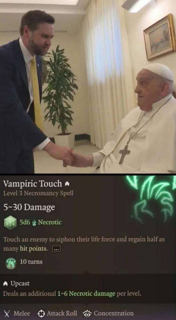 ora 7 AYN 7 Vampiric Touch я Level 3 Necromancy Spell 5~30 Damage an 546 Necrotic Touch an enemy to siphon their life force and regain half as many hit points. 10 turns A Upcast Deals an additional 1~