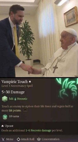 ora 7 AYN 7 Vampiric Touch я Level 3 Necromancy Spell 5~30 Damage an 546 Necrotic Touch an enemy to siphon their life force and regain half as many hit points. 10 turns A Upcast Deals an additional 1~