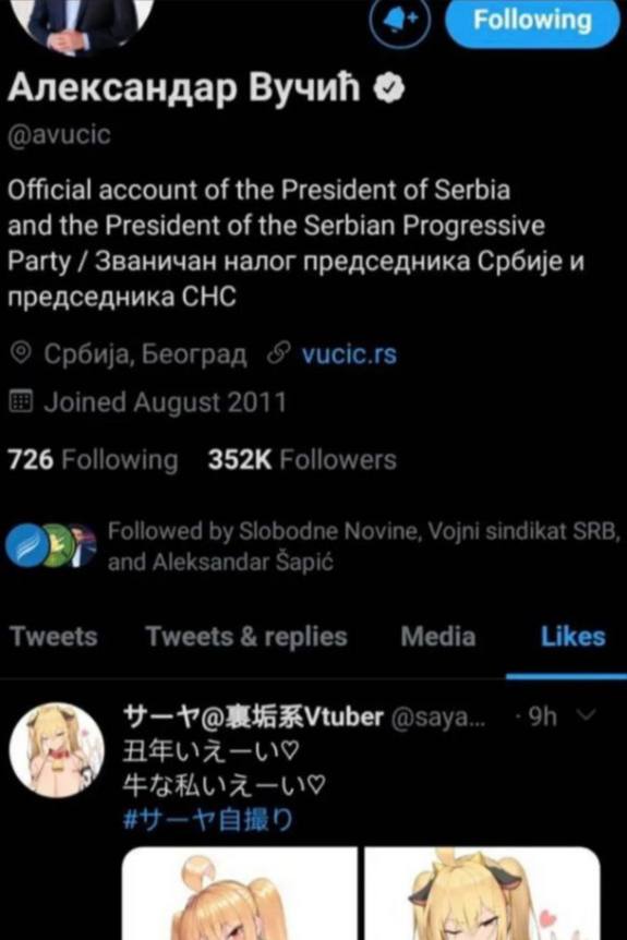 Александар Вучий Official account of the President of Serbia and the President of the Serbian Progressive Party Званичан налог председника Србие и председника СНС рад vucic.fs 726 wing Tweets Tweets r