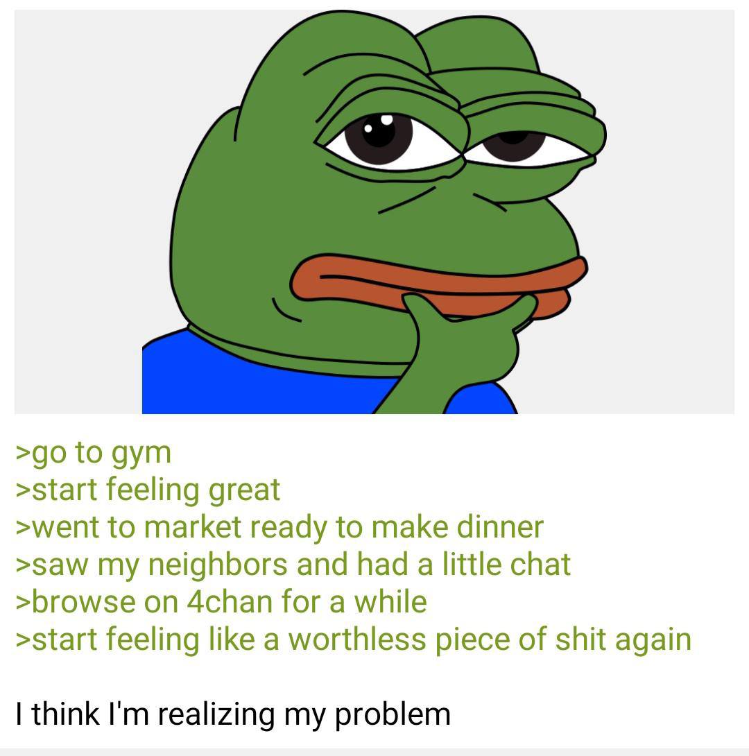 >00 to дут >start feeling great >went to market ready to make dinner >saw my neighbors and had a little chat >browse on 4chan for a while >start feeling like a worthless piece of shit again think real