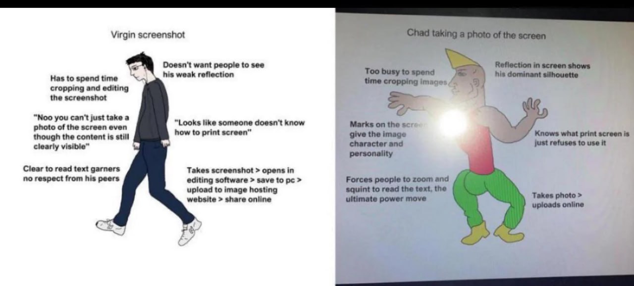 Virgin screenshot his weak reflection Doesn't want people to see Has to spend time cropping and editing the screenshot “Noo you can't just take a “Looks like someone doesn't know photo of the screen e