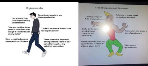 Virgin screenshot his weak reflection Doesn't want people to see Has to spend time cropping and editing the screenshot “Noo you can't just take a “Looks like someone doesn't know photo of the screen e
