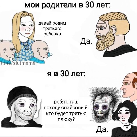 мои родители в 30 лет: давай родим третьего ребенка Да. 30 лет: ребят, гаш походу спайсовый, кто будет третью плюху? Да