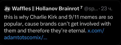 Waffles Hollanov Brainrot 7 23 this is why Charlie Kirk and 9/11 memes are so popular, cause brands can’t get involved with them and therefore they’re eternal. x.com/ adamtotscomix/...