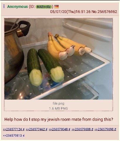 Anonymous 05/07/20(Thu)16:51:36 No.256576962 file.png 1.6 PNG Help how stop my jewish room mate from doing this? >>256577124 >>256577462 >>256579048 >>256579608 >>256579698 >>256579813