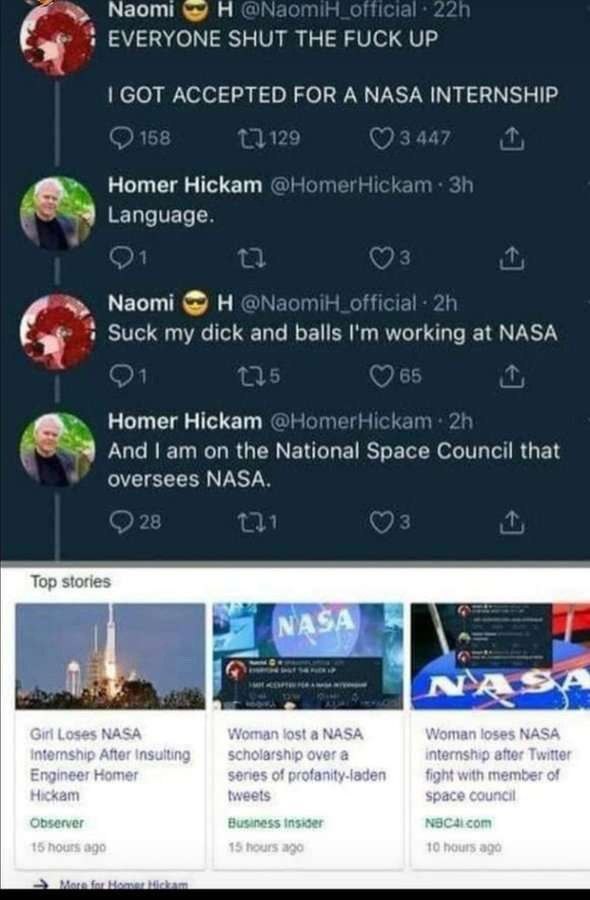 Ношег Hickam Масин Homer Hickam Top stories NASA А А Loses NASA Woman lost a NASA Woman loses NASA After over а Twitter Engineer Homer senes of fight with member of Hickam space council insider Com 15