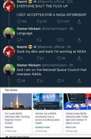 Ношег Hickam Масин Homer Hickam Top stories NASA А А Loses NASA Woman lost a NASA Woman loses NASA After over а Twitter Engineer Homer senes of fight with member of Hickam space council insider Com 15