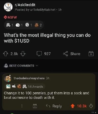 r/AskReddit у Posted u/ToteMyRatchet NSFW What's the most illegal thing you can with $1USD 4} 927 Share BEST COMMENTS thedudeisalwayshere i4 Awards Change it to 100 pennies, put them into a sock and b