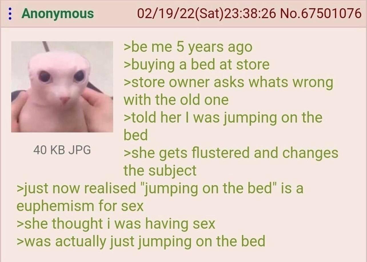 Anonymous 02/19/22(Sat)23:38:26 No.67501076 >be me 5 years ago >buying a bed at store >store owner asks whats wrong with the old one >told her was jumping on the 40 JPG >she gets flustered and changes