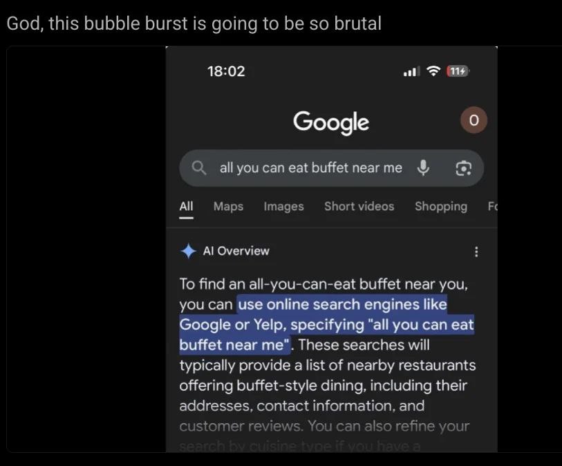 God, this bubble burst is going to be brutal 18:02 1% Google о all уси can eat buffetnearme All Overview To find an all-you-can-eat buffet near you, you can use online search engines like Google or Ye