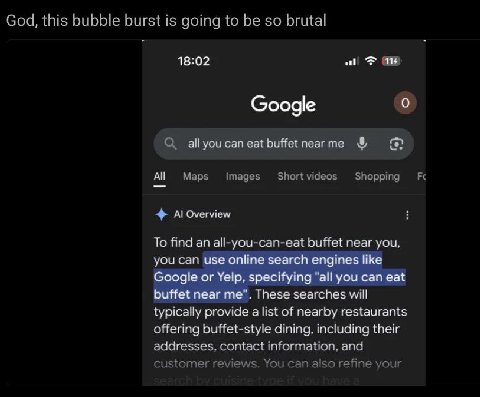 God, this bubble burst is going to be brutal 18:02 1% Google о all уси can eat buffetnearme All Overview To find an all-you-can-eat buffet near you, you can use online search engines like Google or Ye