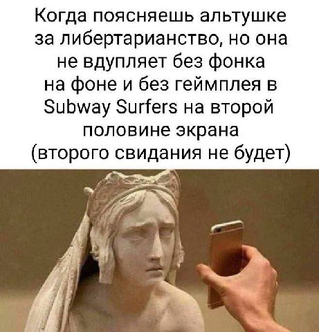 Когда поясняешь альтушке за либертарианство, но она не вдупляет без фонка на фоне и без геймплея в Subway Surfers на второй половине экрана (второго сви дания не будет)