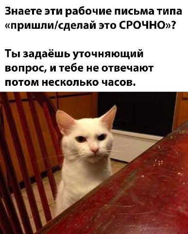 Знаете эти рабочие письма типа «пришли/сделай это СРОЧНО»? Ты задаёшь уточняющий вопрос, и тебе не отвечают потом несколько часов.