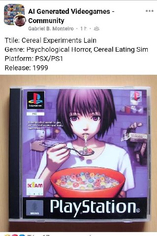 Generated Videogames one Community Gabriel В. 5 Ttile: Cereal Experiments Lain Genre: Psychological Horror, Cereal Eating Sim Platform: PSX/PS1 Release: 1999 PlayStation.