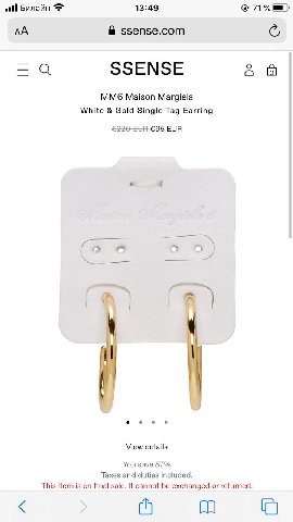 Билайн 13:49 71% ssense.com О SSENSE an) (a) Maison Margiela White Gold Single Tag Earring €95 EUR View details You save 57% Taxes and duties included. This item is on final sale. It cannot be exchang