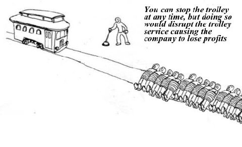 You can stop the trolley at any time, but deine so would disrupt the trolley service causing the company to lose profits a?
