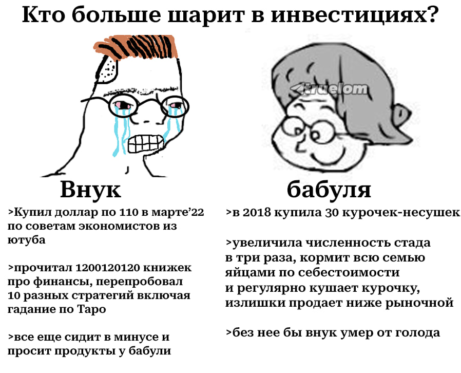Кто больше в инвестициях? :elom anu Внук бабуля >Купил доллар по 110 в марте’22 >в 2018 купила 30 курочек-несушек по советам экономистов из ютуба >увеличила численность стада в три раза, кормит всю се