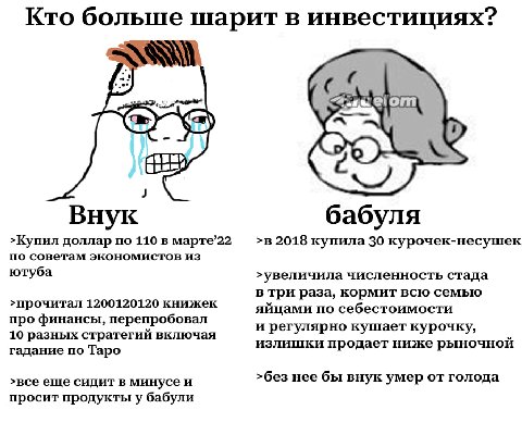 Кто больше в инвестициях? :elom anu Внук бабуля >Купил доллар по 110 в марте’22 >в 2018 купила 30 курочек-несушек по советам экономистов из ютуба >увеличила численность стада в три раза, кормит всю се