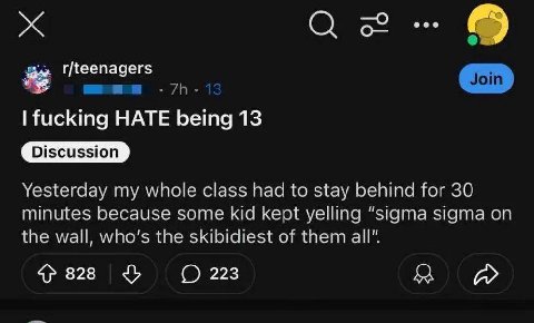 О 5° fucking HATE being 13 Discussion Yesterday my whole class had to stay behind for 30 minutes because some kid kept yelling “sigma sigma on the wall, who's the skibidiest of them all” 828 223 a