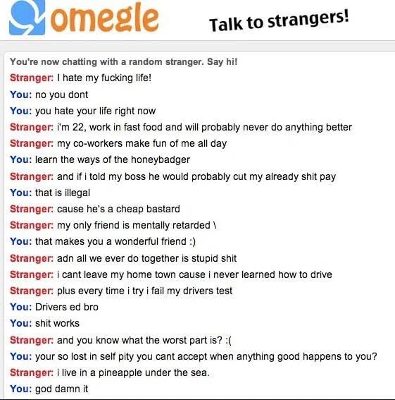 Talk to strangers! @отезе You're now chatting with а random stranger. Say Stranger: hate my fucking life! You: no you dont You: you hate your life right now Stranger: 22, work in fast food and will pr