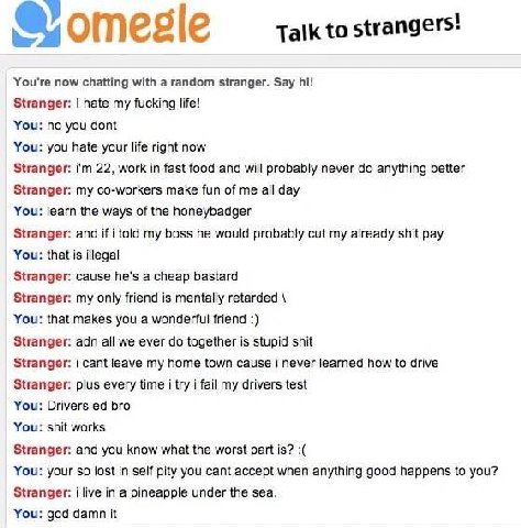 Talk to strangers! @отезе You're now chatting with а random stranger. Say Stranger: hate my fucking life! You: no you dont You: you hate your life right now Stranger: 22, work in fast food and will pr