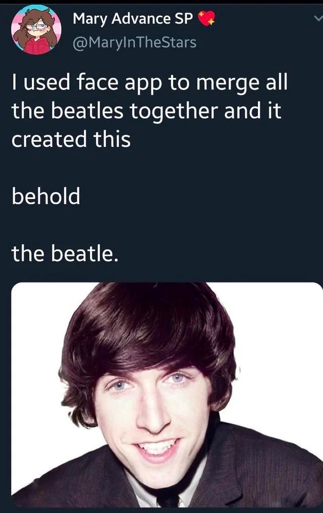 Магу Advance used face app to merge all the beatles together and it created this behold the beatle.