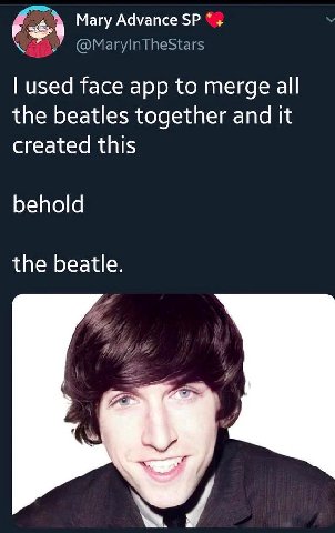 Магу Advance used face app to merge all the beatles together and it created this behold the beatle.