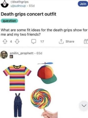 r/deathgrips u/pudncup Death grips concert outfit What are some fit ideas for the death grips show for me and my two friends? (2 17 Share smilin_prophett Cot