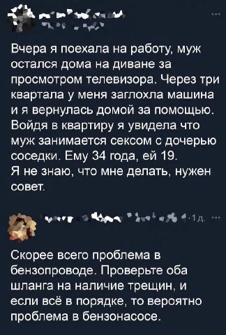 Вчера я поехала на работу, муж остался дома на диване за просмотром телевизора. Через три квартала у меня заглохла машина и я вернулась домой за помощью. Войдя в квартиру я увидела что муж занимается 