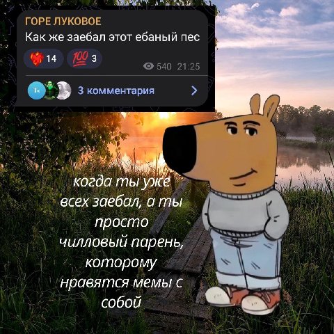 ГОРЕ ЛУКОВОЕ Как же заебал этот ебаный пес 14 3 3 комментария К огда ты всех заебал, аты просто чилловый парень, которому нравятся мемы с собой a a