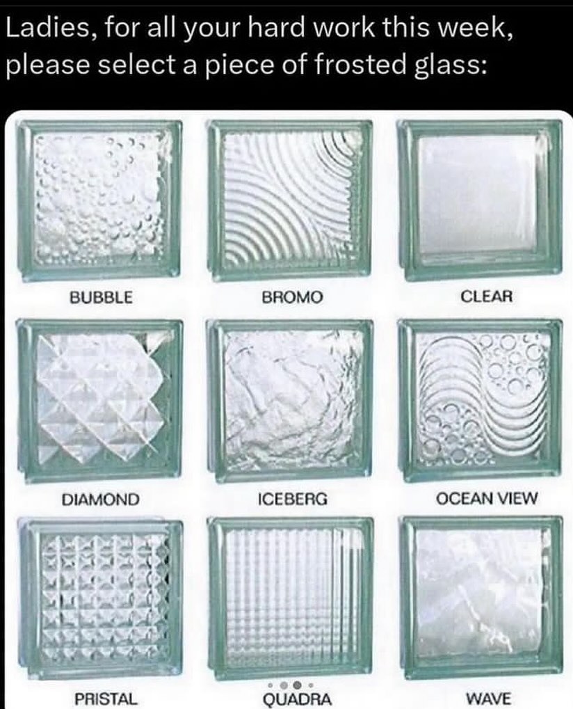 Ladies, for all your hard work this week, please select a piece of frosted glass: BROMO CLEAR BUBBLE DIAMOND ICEBERG OCEAN VIEW 4 PRISTAL QUADRA WAVE