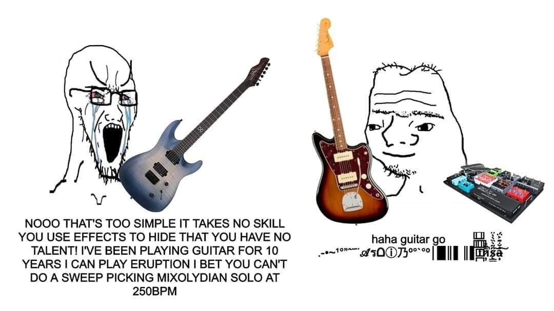 A 2 aN я NOOO THAT'S TOO SIMPLE IT TAKES NO SKILL YOU USE EFFECTS TO HIDE THAT YOU HAVE NO haha guitargo TALENT! I'VE BEEN PLAYING GUITAR FOR 10 YEARS САМ PLAY ERUPTION ВЕТ YOU CAN'T A SWEEP PICKING M