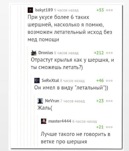 bakyt189 9 часов назад +53 ооо При укусе более 6 таких шершней, насколько я помню, возможен летательный исход без мед помощи Dronius 8 часов назад +212 ооо Отрастут крылья как у шершня, и ты сможешь л