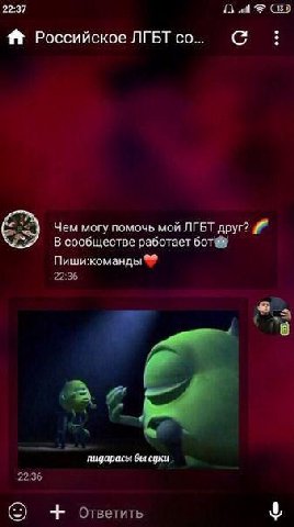 22:37 Российское ЛГБТ С Чем могу помочь мой ЛГБТ друг? В сообществе работает бот Пиши:команды пидарасы Ger суки