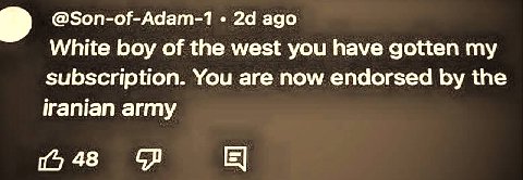 @Son-of-Adam-1 ago White boy of the west you have gotten my subscription. You are now endorsed the iranian army (о 48