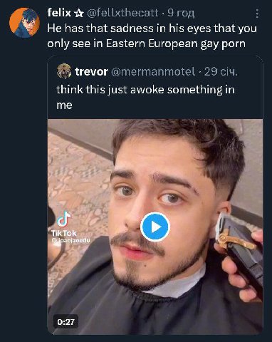 felix @fellxthecatt 9 год Не has that sadness in his eyes that you only see in Eastern European gay porn 8 trevor @mermanmotel 29 ciu. think this just awoke something in me We у