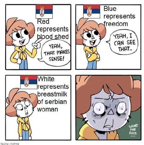 Blue represents reedom represents blood_shed 1 CAN SEE THAT MAKES SENSE! White represents breastmilk of serbian woman WHAT