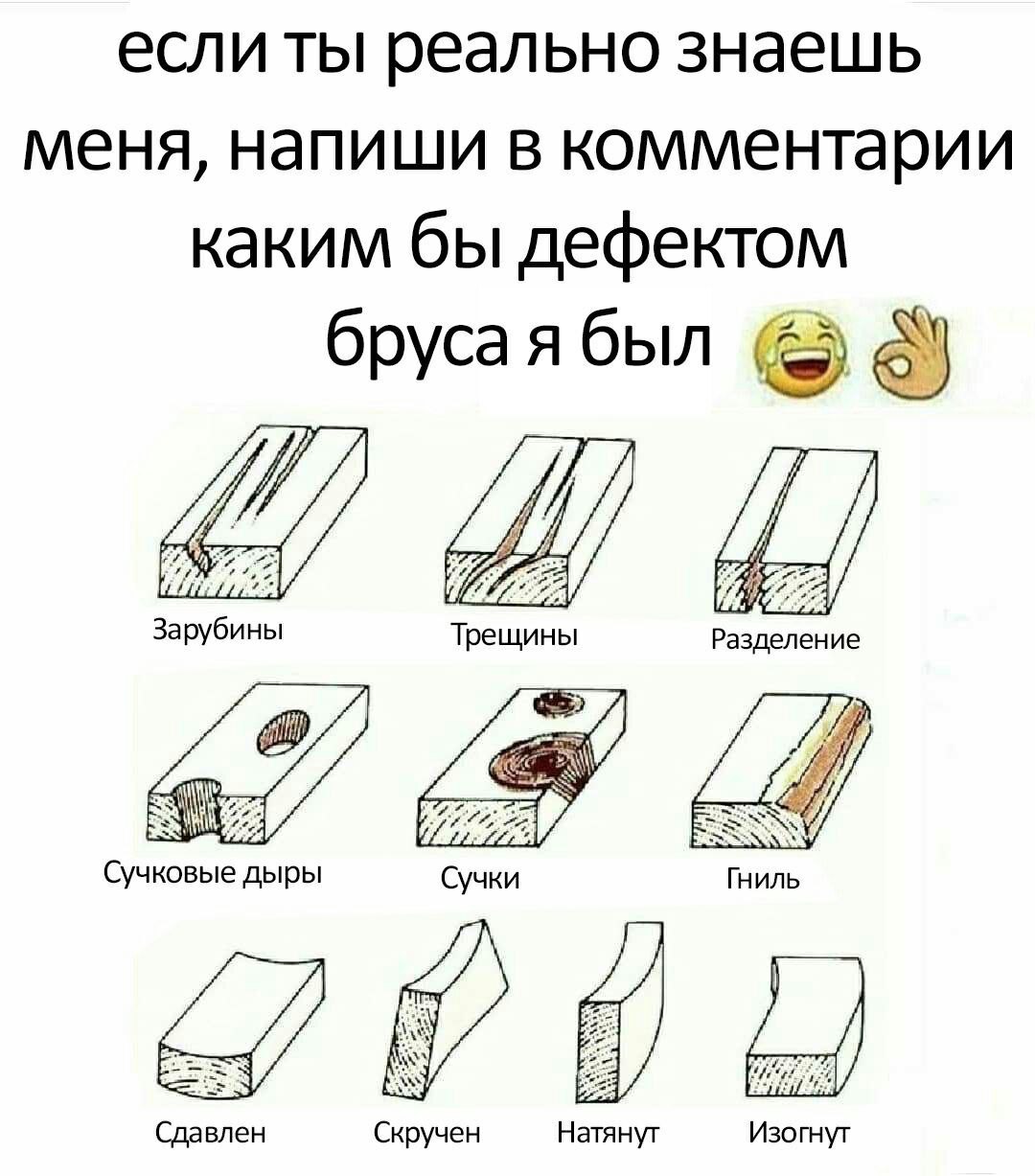 если ты реально знаешь меня, напиши в комментарии каким бы дефектом бруса я был Зарубины Трещины Разделение 2 #7 Сучковые дыры Сучки Гниль Сдавлен Скручен Натянут Изогнут