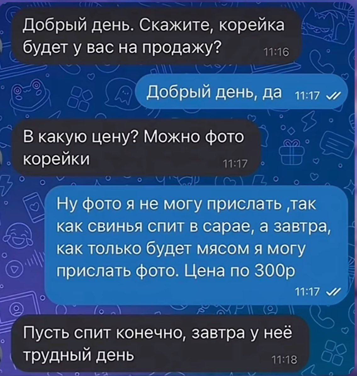 Добрый день. Скажите, корейка будет у вас на продажу? Добрый день, да В какую цену? Можно фото корейки Ну фото я не могу прислать так как свинья спит в сарае, а завтра, как только будет мясом я могу п