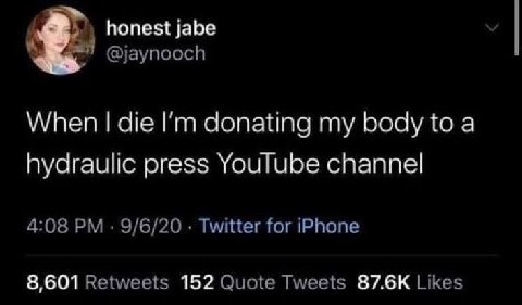 honest jabe @jaynooch When die donating my body to a hydraulic press YouTube channel 4:08 9/6/20 Twitter for iPhone 8,601 Retweets 152 Quote Tweets Likes
