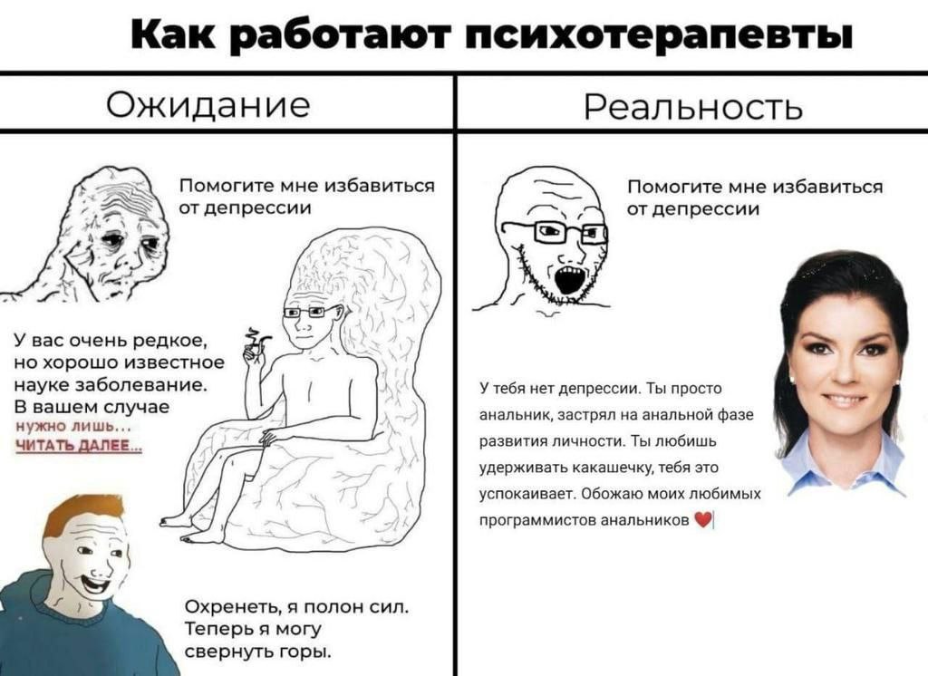Как работают психотерапевты Реальность Ожидание Помогите мне избавиться Помогите мне избавиться от депрессии от депрессии и У вас очень редкое, <a) но хорошо известное науке заболевание. У тебя нет де
