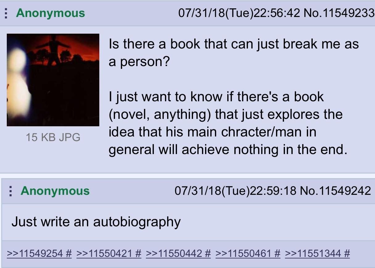Anonymous 07/31/18(Тие)22:56:42 No.11549233 Is there а book that can just break as a person? just want to know if there's a book (novel, anything) that just explores the 15 JPG idea that his main chra