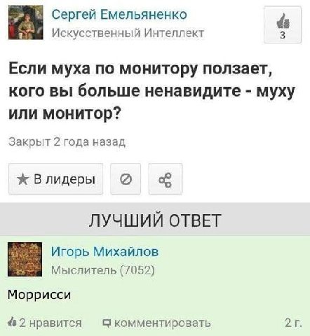Сергей Емельяненко Искусственный Интеллект Если муха по монитору ползает, кого вы больше ненавидите муху или монитор? Закрыт 2 года назад Влидеры ЛУЧШИЙ ОТВЕТ Игорь Михайлов Мыслитель (7052) Моррисси 